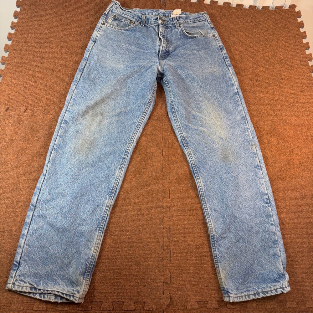 Carhartt B21DST Flannel Lined Jeans Mens 33x32 Made in USA Blue Plaid Work Pants